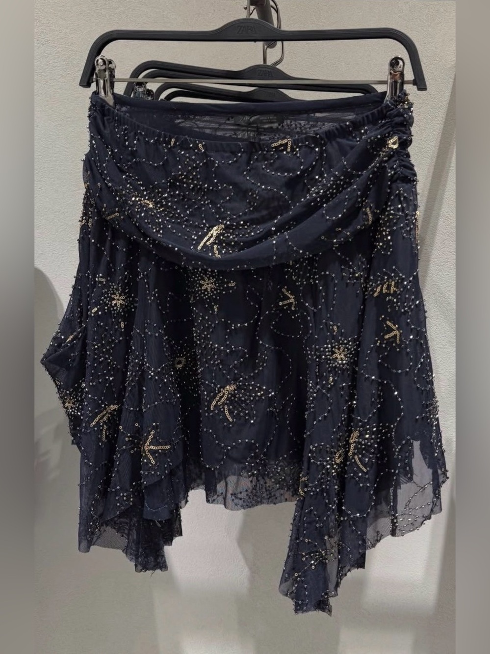 Zara Navy Beaded Asymmetrical Skirt